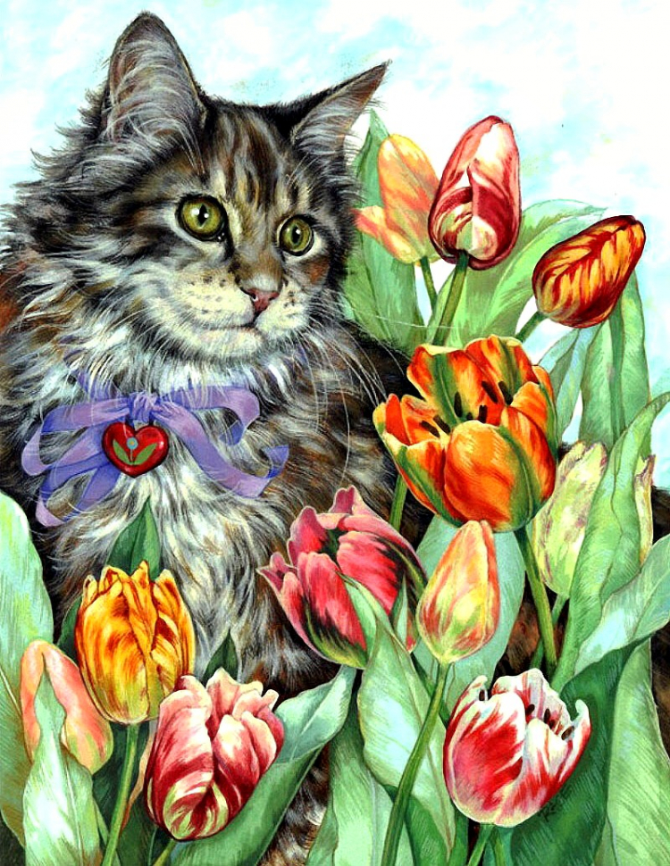 Рисунок котик в цветах